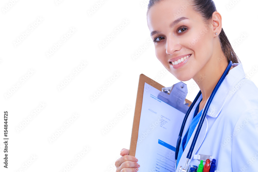 Young female doctor with clipboard standing on white background Young female doctor with clipboard standing on white background