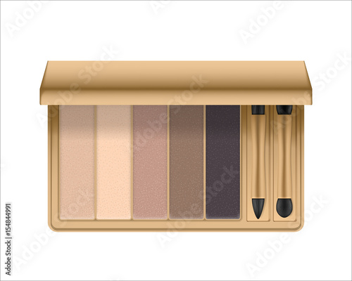 Realistic eyeshadow palette with brush. Package with eye shadow for nude makeup shiny nature colors. Containers of cosmetic product for beauty eyes. Vector illustration isolated on white background.