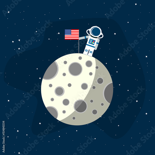 Moon in the background of an open space. An astronaut with an American flag on the surface of the moon. Vector illustration in a flat style