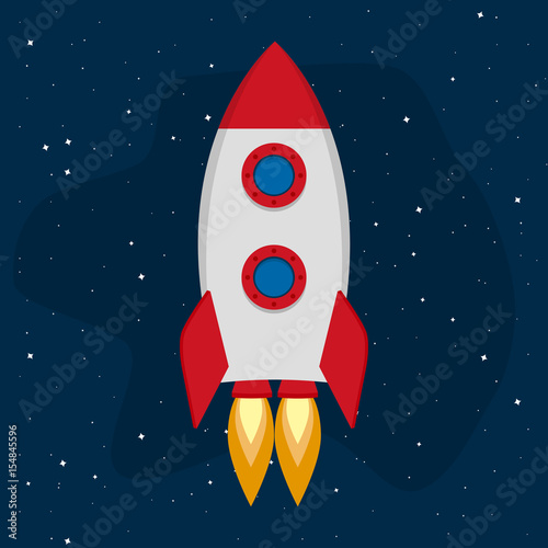 Rocket in the background of an open space. Vector illustration in a flat style