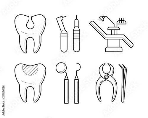 Set of stomatological elements, dental handpiece, chair, dental mirror and explorer, nippers and tweezers, tooth with cavity and filling, professional pictogram, health concept. Vector illustration