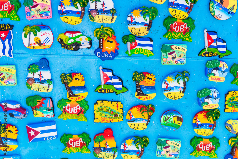 Magnetic board with souvenir magnets of Havana and Cayo Largo island at local market.