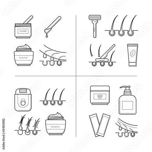 Depilation techniques in process, stages, different types of hair removal, waxing, shaving, sugaring. Beauty and body care concept, line art objects isolated on white background. Vector illustration