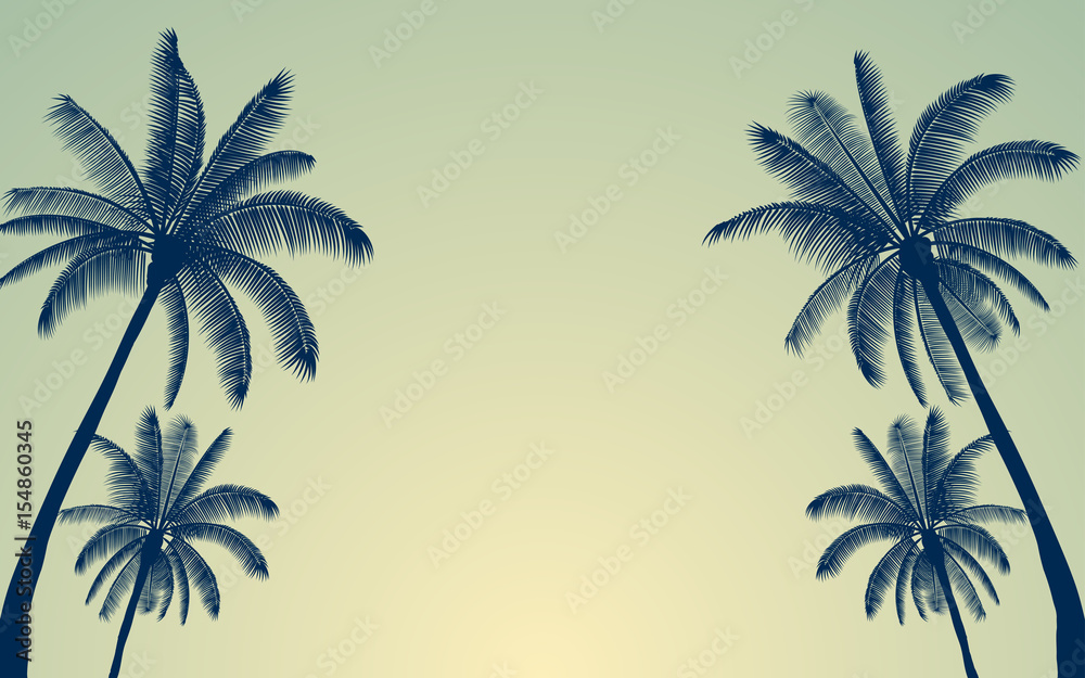 Obraz premium Sylwetki drzewko palmowe i zmierzchu niebo w płaskim ikona projekcie z rocznika filtra tłem