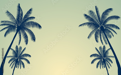 Silhouette palm tree and sunset sky in flat icon design with vintage filter background