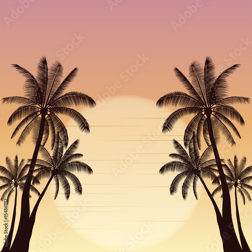 Silhouette palm tree and sunset sky in flat icon design with vintage filter background