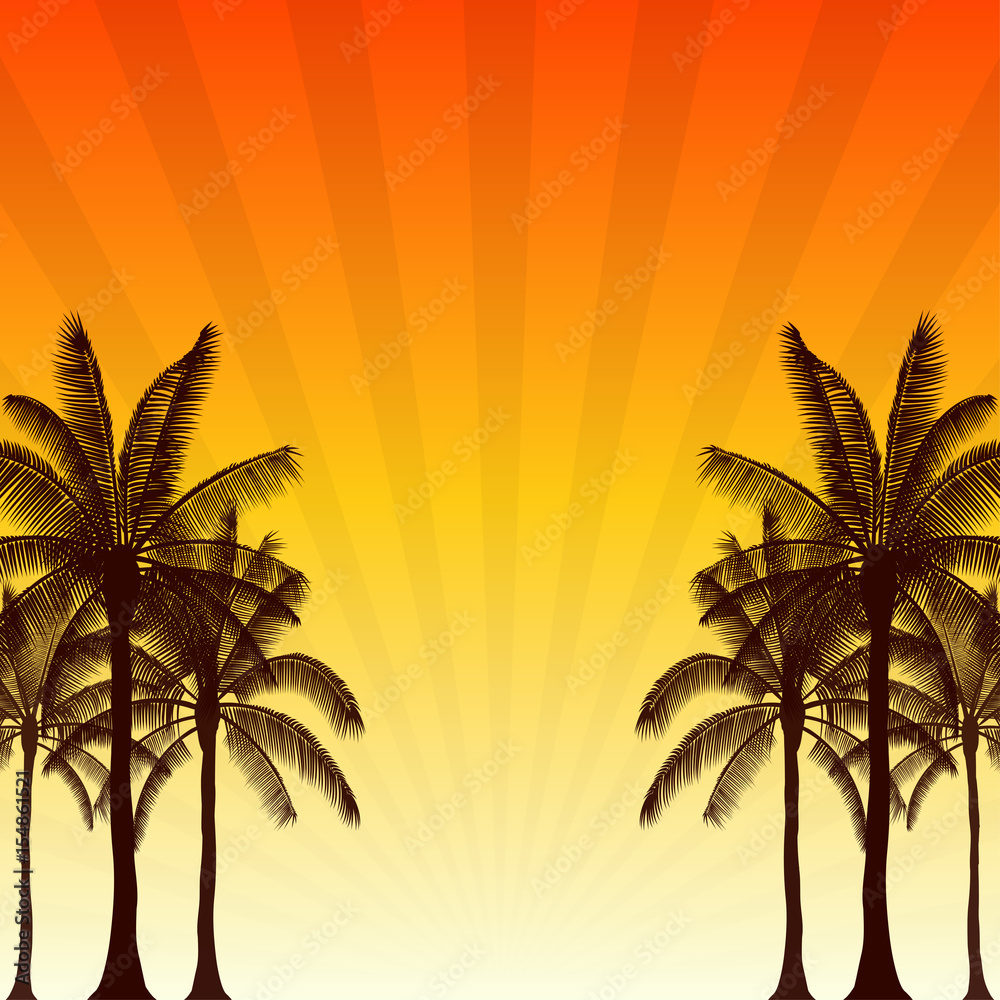 Silhouette palm tree and sunshine ray in flat icon design with vintage filter background