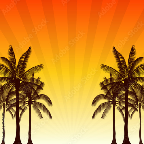 Silhouette palm tree and sunshine ray in flat icon design with vintage filter background