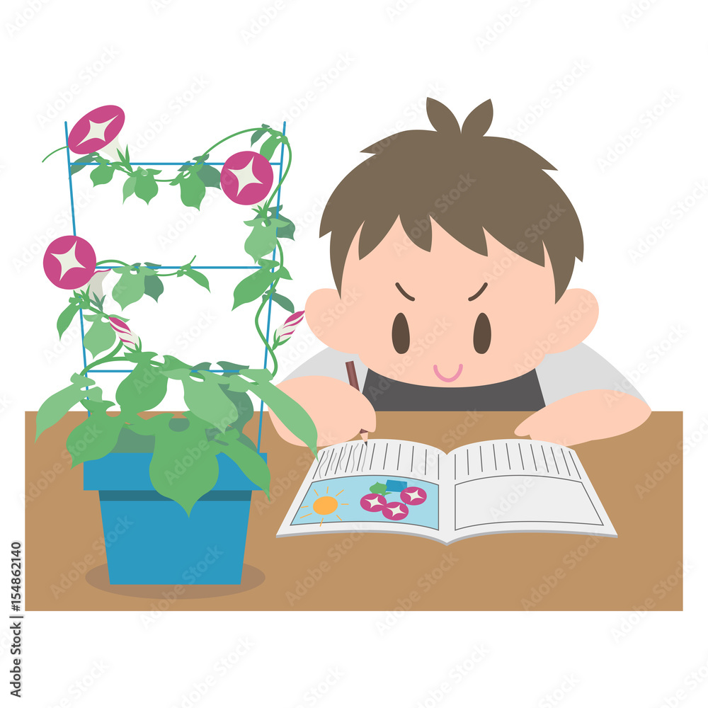 朝顔の観察日記をつける男の子 Stock イラスト Adobe Stock