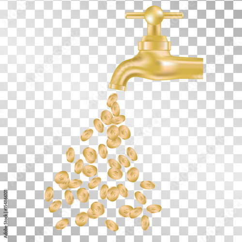 Gold tap with money on transparent background. Vector illustration.