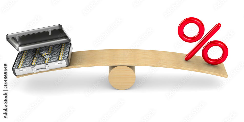 Fototapeta premium percent and money on scale. Isolated 3D illustration