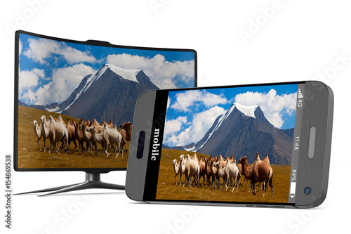 phone and tv on white backg...