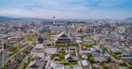 Kyoto skyline with Kyoto Tower and Buddhist Temple. Aerial view