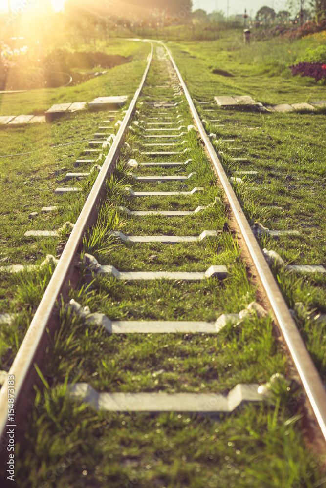 detail shot of rail track on a meadow in a park. detail shot of rail track on a meadow in a park.