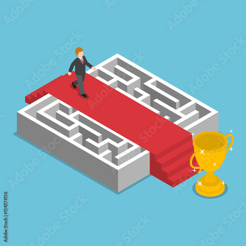Isometric businessman walking on red carpet over the maze
