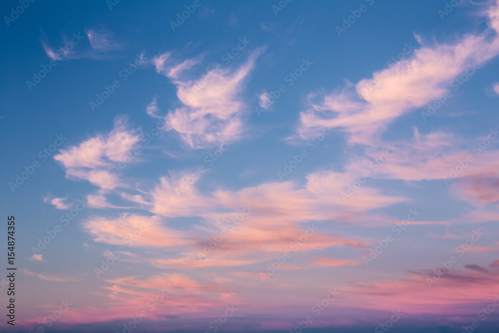 Natural Sunset Or Sunrise Sky With Blue, Pink And White Colors. 