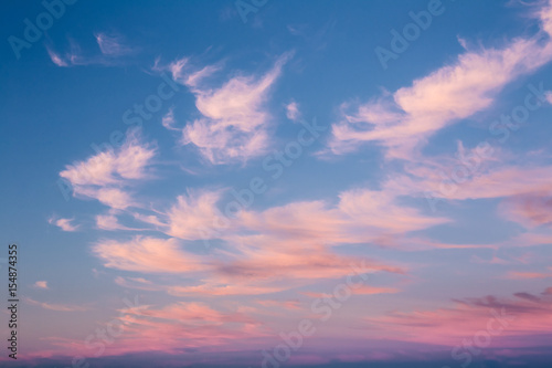 Natural Sunset Or Sunrise Sky With Blue, Pink And White Colors. 