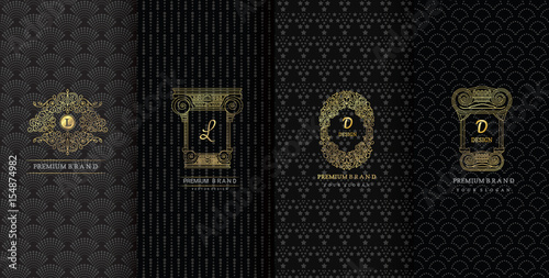 Collection of design elements,labels,icon,frames, for packaging,design of luxury products.Made with golden foil.Isolated on black background. vector illustration