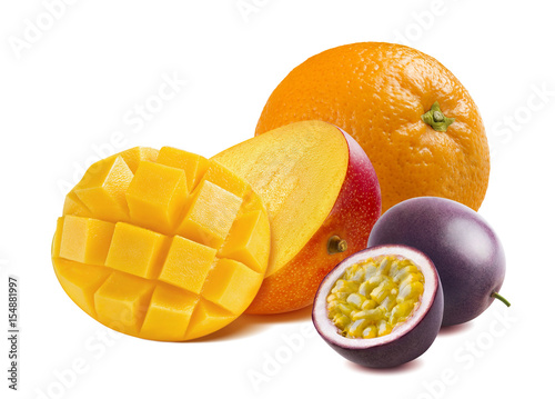 Half cut mango, orange and passion fruit isolated