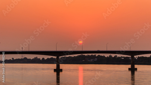 Bridge across the Mekong River at sunset. Thai-Lao friendship bridge at Nong Khai Thailand