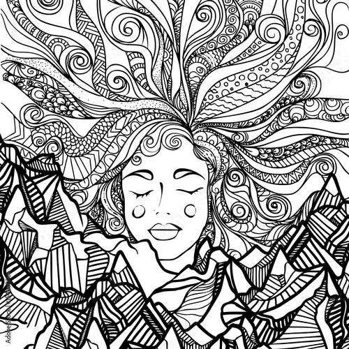 hand drawn ink doodle girls face, flowing hair, mountain on white background. design for adults, poster, print, t-shirt, flyers. sketch. vector eps 8.
