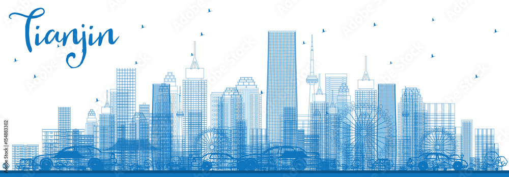 Outline Tianjin Skyline with Blue Buildings.