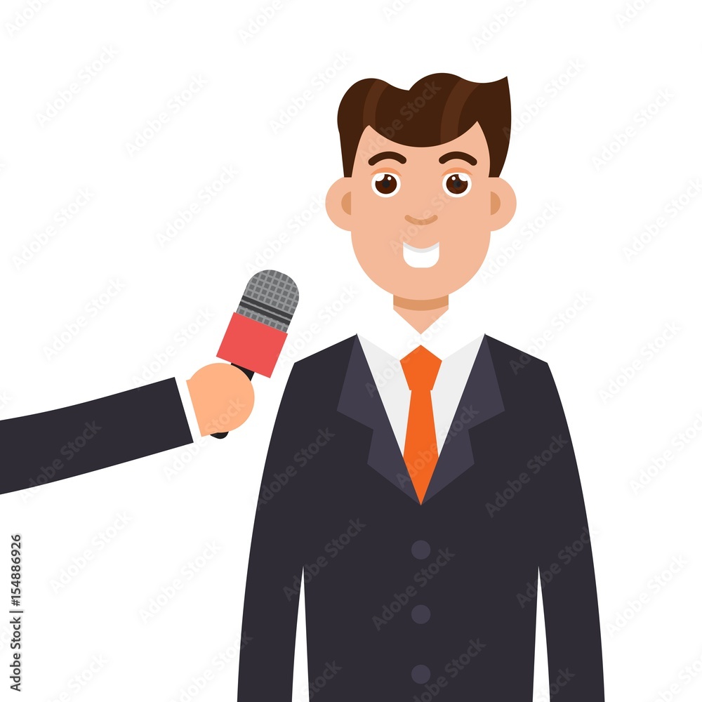 Interview or press conference a businessman. Journalism, breaking news, mass media concept. Vector illustration in flat style. Interview or press conference a businessman. Journalism, breaking news, mass media concept. Vector illustration in flat style.