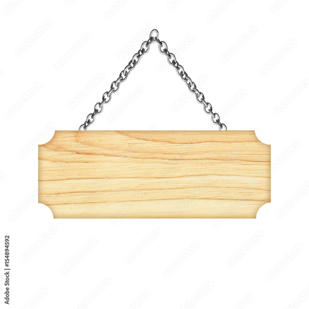 Wooden sign hanging on a chain isolated on white background Wooden sign hanging on a chain isolated on white background