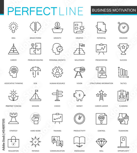 Business motivation thin line web icons set. Brain productivity concentration outline stroke icon design.