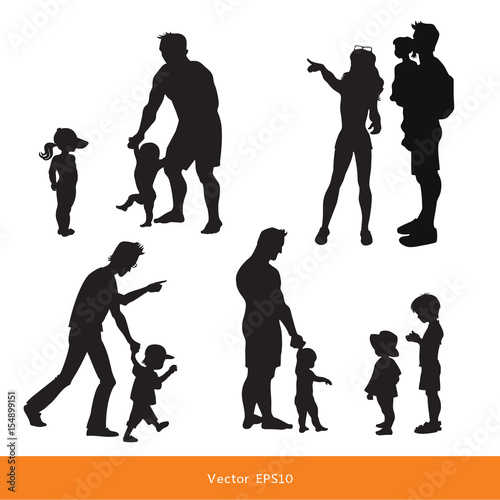 Family and little baby walking. Father and child. Man and woman pointing with finger direction for motion. Vector illustrations, black and white isolated silhouettes.