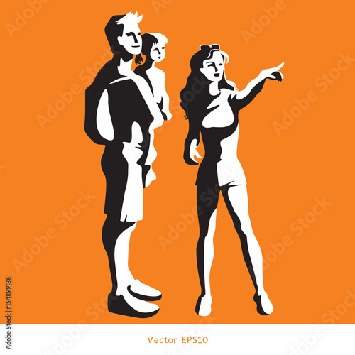 Happy family - mother, father, daughter standing. Beautiful woman pointing finger at something interesting. Vector illustration, black and white silhouettes on orange background.