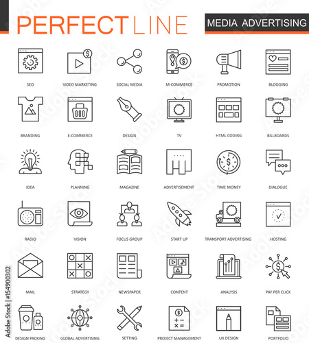 Media Advertising thin line web icons set. Outline stroke icons design.
