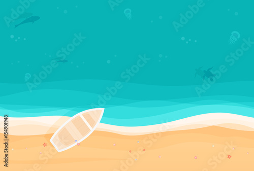 From above summer holiday background with boat on the tropical island sandy beach. Top view vector illustration.
