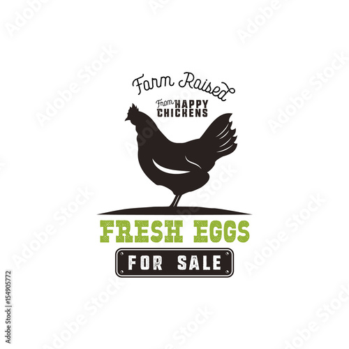 Farm fresh eggs poster, vintage rustic emblem with chicken. Retro typography style. Black and green vector design, Isolated on white background