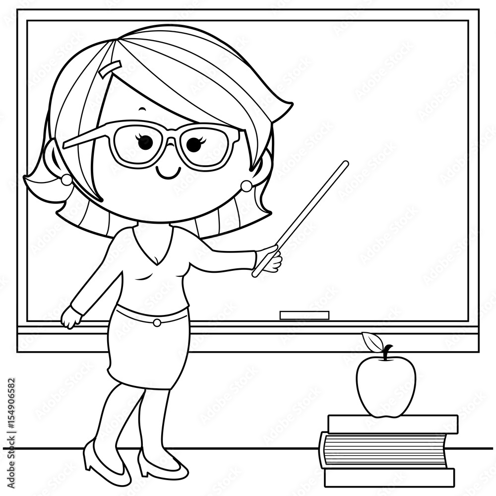 Teacher at school teaching in the classroom. Vector black and white  coloring page. Stock Vector | Adobe Stock