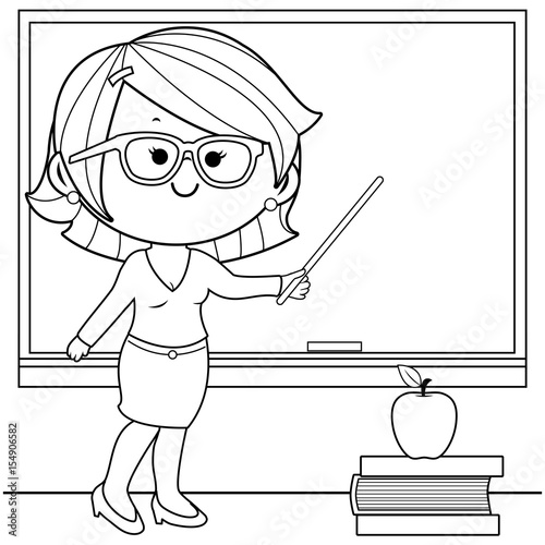 Teacher at school teaching in the classroom. Vector black and white coloring page.