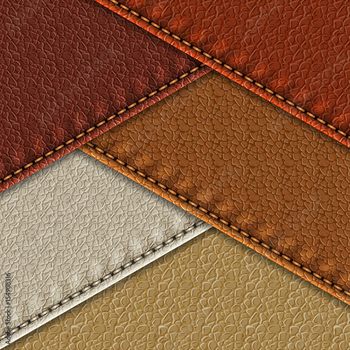 Set of realistic leather textures with stitches. Leather backgrounds of different brown shades. Vector illustration