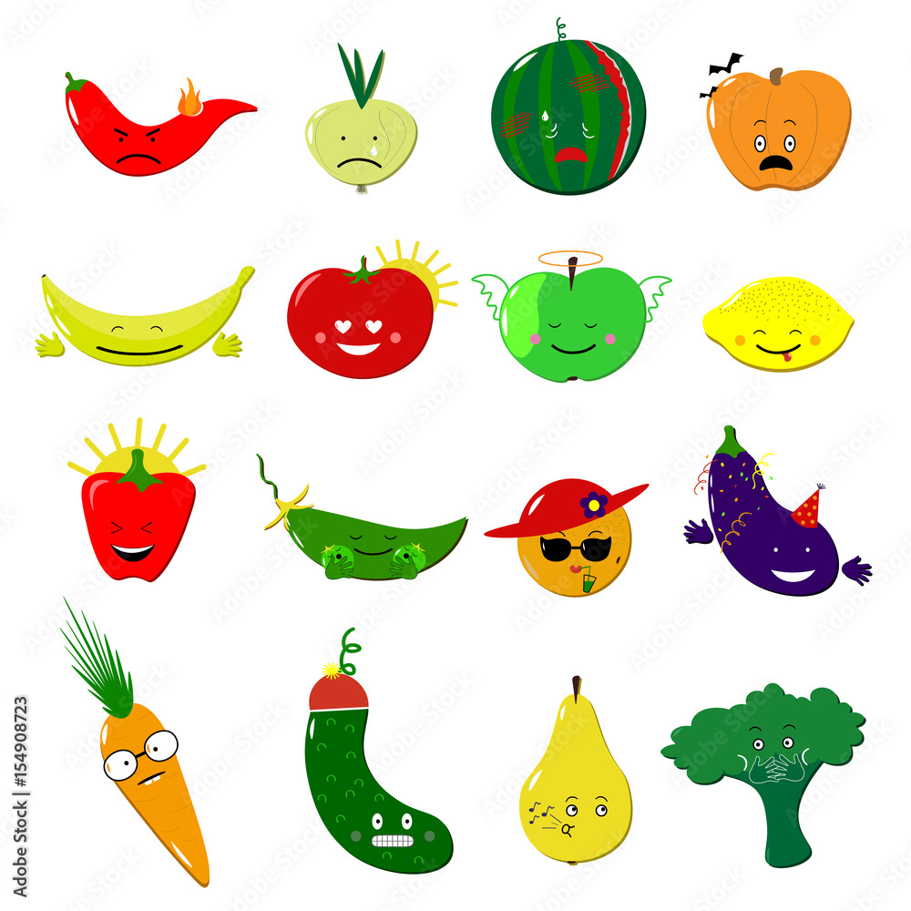 Emoticons food vector set. Cute funny stickers. Emoji fruits and