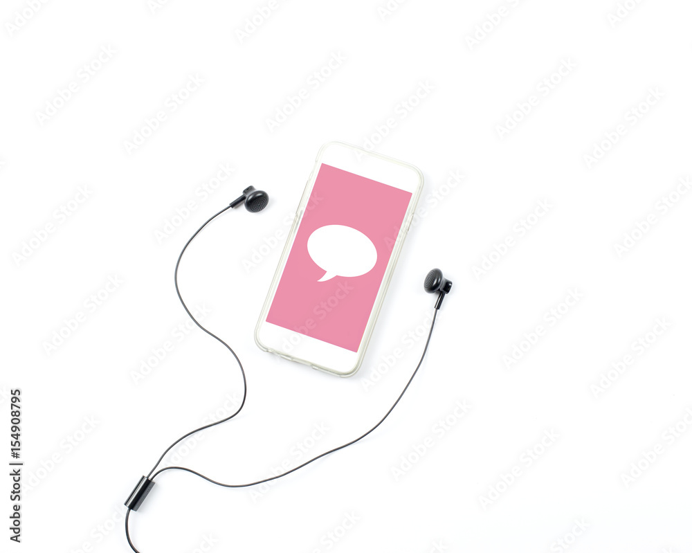 smart phone with pink screen and white speech bubble with black earphoneon white background. smart phone with pink screen and white speech bubble with black earphoneon white background.