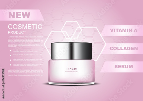 Pink cosmetic product with template and ingredients on hexagon background