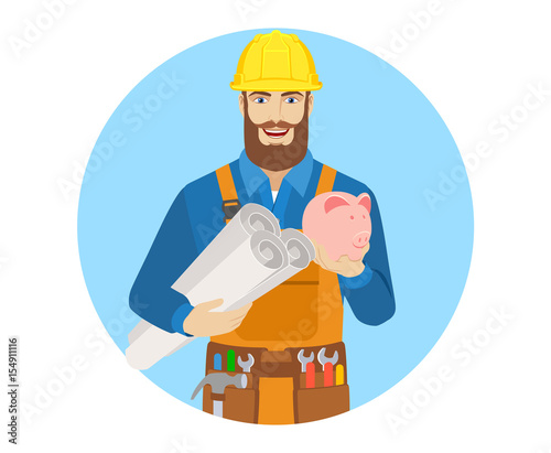 Worker holding the project plans and piggy bank