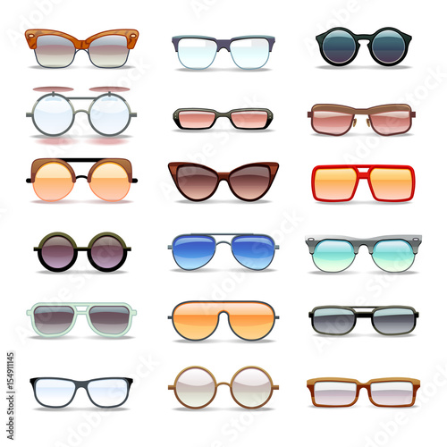 Summer sunglasses, fashion eyeglasses flat vector icons