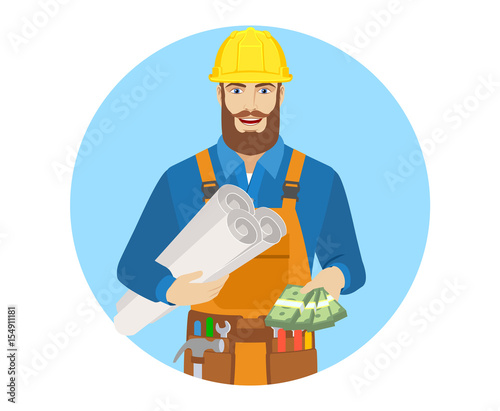Worker holding the project plans and showing cash money