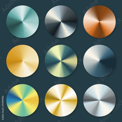 Metallic silver and gold conical metal vector gradients