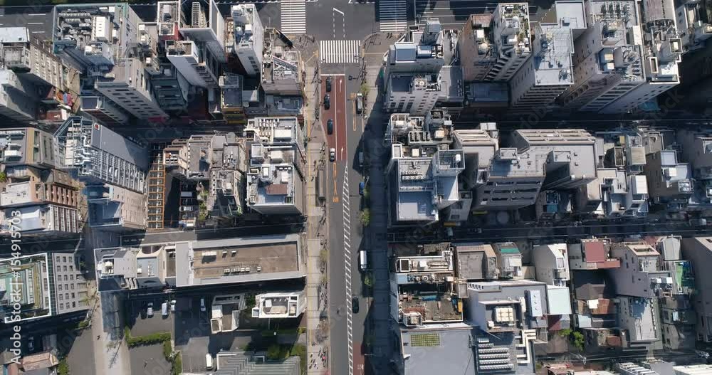 Aerial top shot of Tokyo street and buildings, urban area, Japan