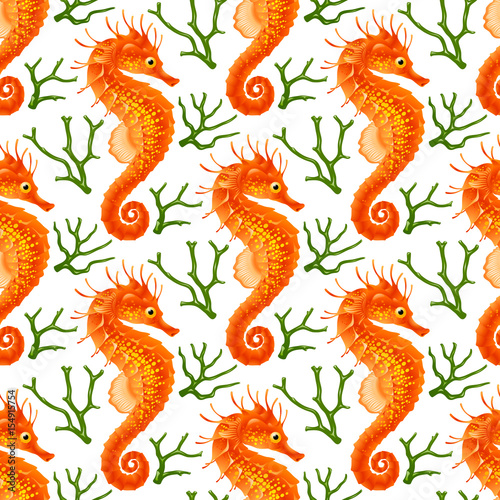 Vector Seamless Pattern whith Seahorse. Red Thorny Hippocampus and Green Coral Isolated on White Background. Use for Sea Wallpaper, Gift Wrap or Wrapping Paper