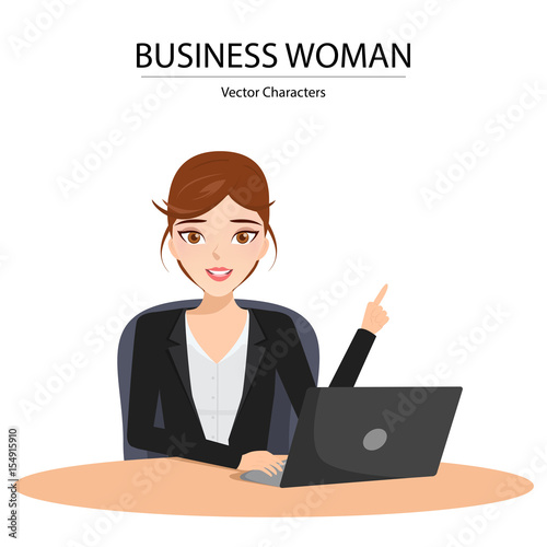 Woman using a laptop with business working. Illustration vector of cartoon people.