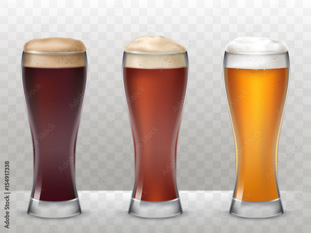 Vector illustration of a realistic style three tall glasses with a different beer isolated on a transparent background Vector illustration of a realistic style three tall glasses with a different beer isolated on a transparent background