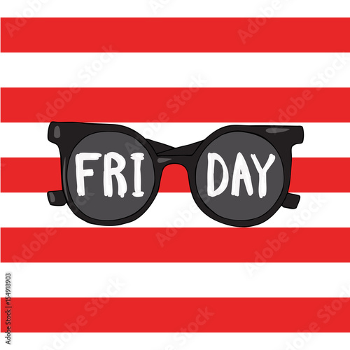 Sunglasses on a red striped background with the words Friday.