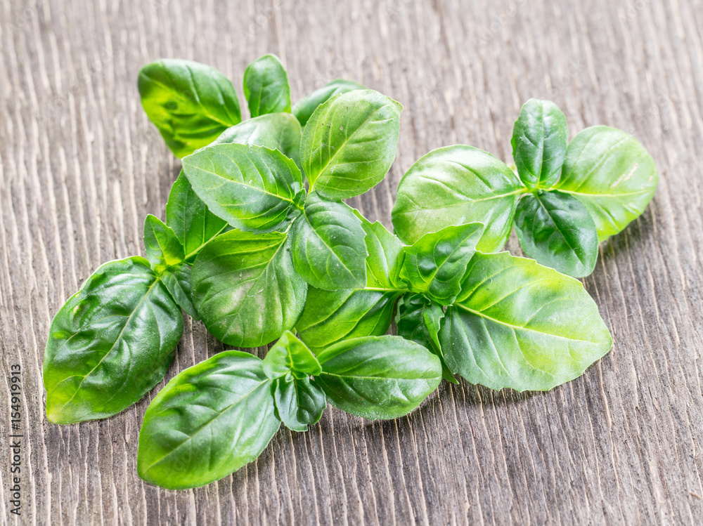 Green basil herbs on the old wooden table. Green basil herbs on the old wooden table.